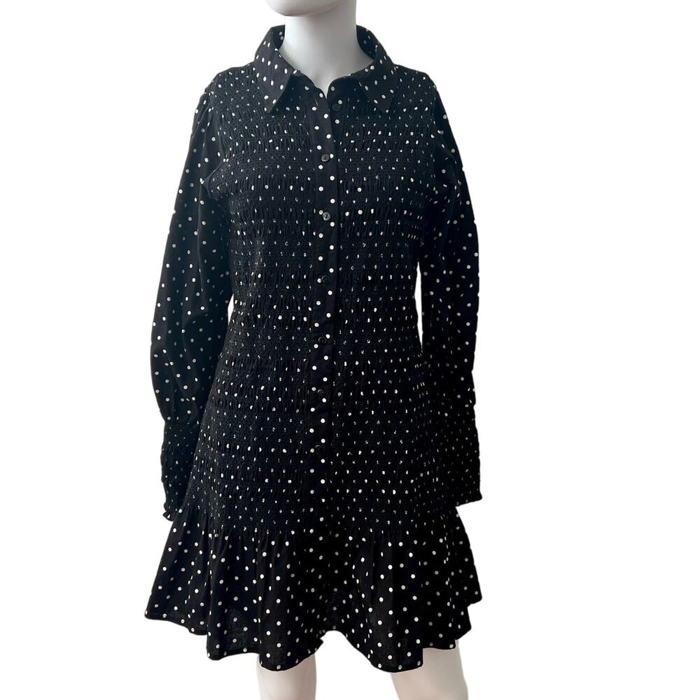 ASOS Design Black Polka Dot Cotton Maternity Shirred Button-Down Dress US 6